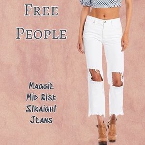 FREE PEOPLE Maggie Straight Leg Mid Rise Denim Jeans in White